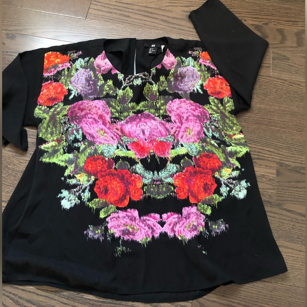 HM painted pattern chiffon blouse 3/4 sleeve